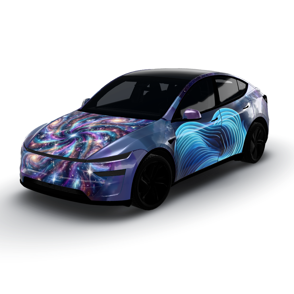 Photo 1 dominates the hood with a vibrant — a Model Y (2025+) Premium wearing this AI wrap design