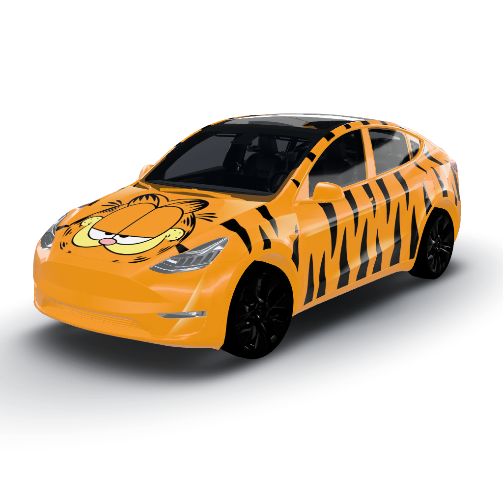 Large, centered depiction of Garfield's — a Model Y wearing this AI wrap design