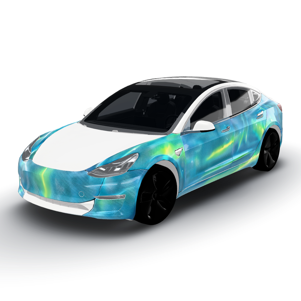 Vibrant turquoise blue base with metallic — a Model 3 wearing this AI wrap design