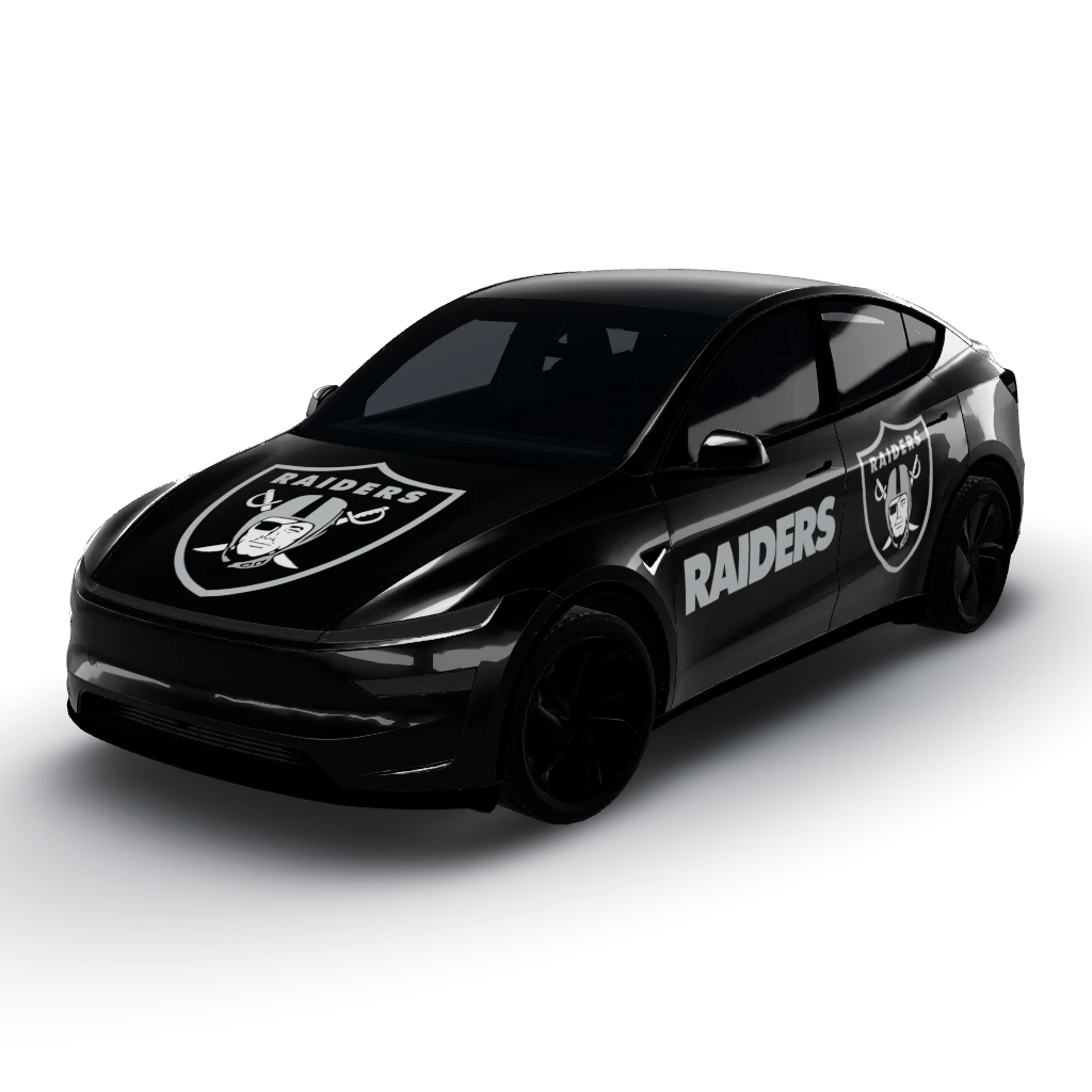 We'll keep just the Raiders logo centered — a Model Y (2025+) Premium wearing this AI wrap design