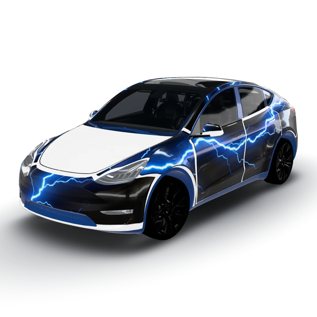 Chrome black color with lightning bolts — a Model Y wearing this AI wrap design