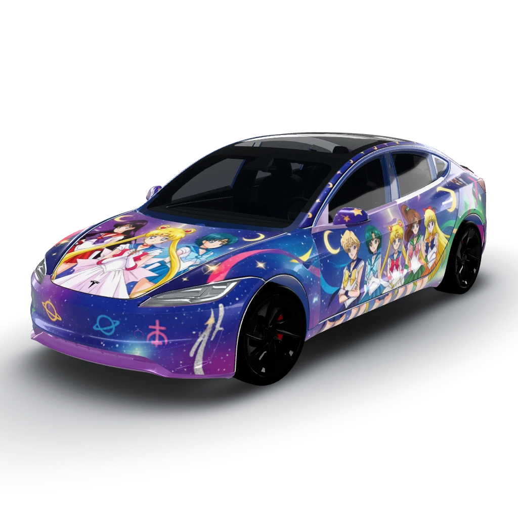 Something Sailor Moon theme — a Model 3 (2024+) Performance wearing this AI wrap design