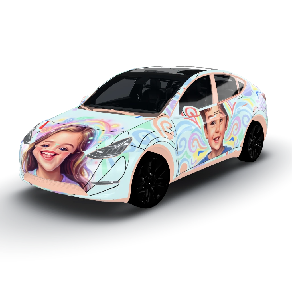 Faces of a daughter and son are beautifully — a Model Y wearing this AI wrap design