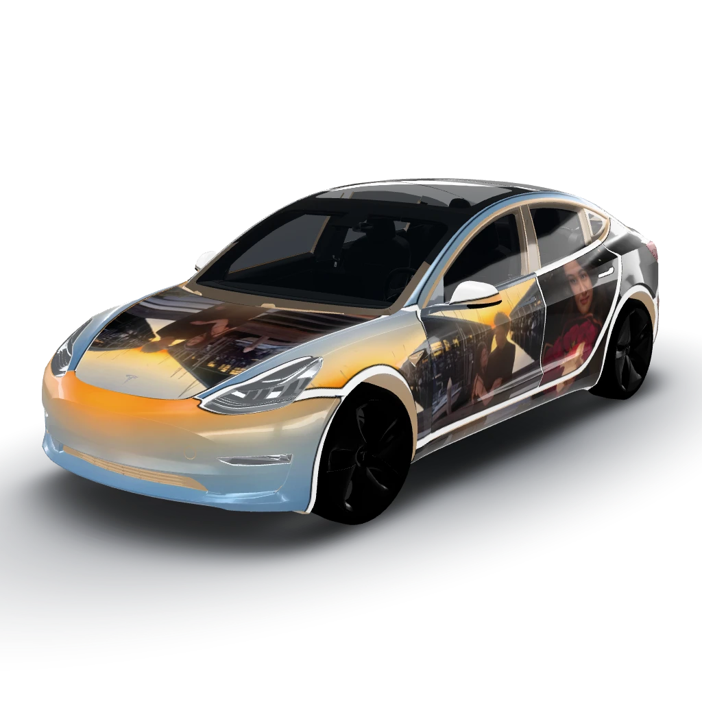 I'll incorporate the three images — a Model 3 wearing this AI wrap design