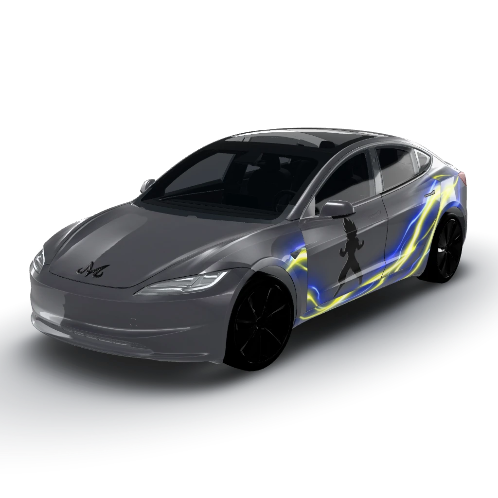 High gloss Tesla Stealth Grey background — a Model 3 (2024+) Standard & Premium wearing this AI wrap design