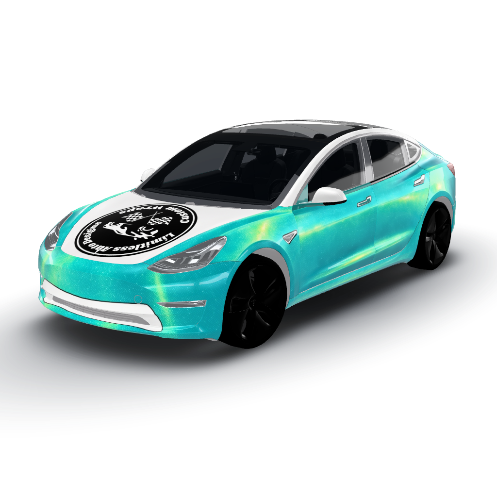Shimmering Tiffany blue, enhanced — a Model 3 wearing this AI wrap design