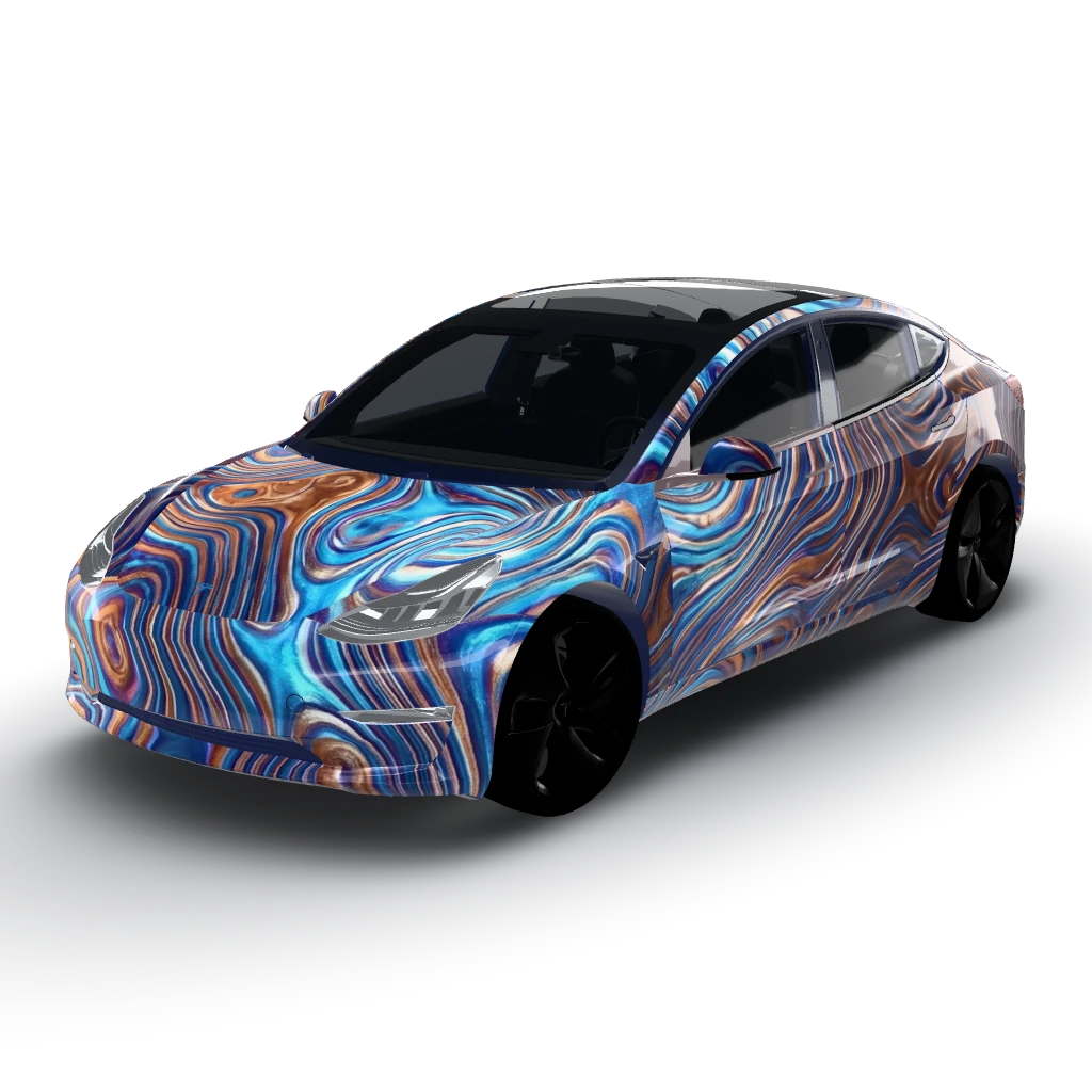 Demascus wrap like the camo from call — a Model 3 wearing this AI wrap design