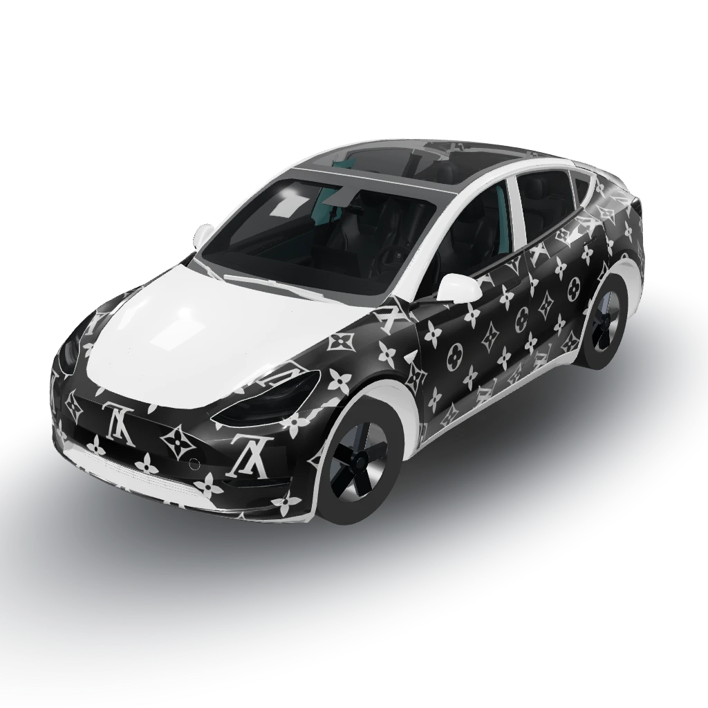 Apply a luxury Louis Vuitton-inspired — a Model Y wearing this AI wrap design