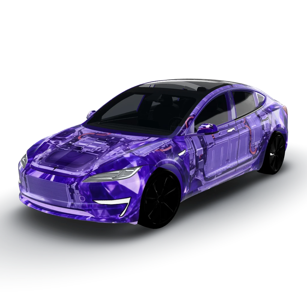 Amethyst blue crystal with the components — a Model 3 (2024+) Standard & Premium wearing this AI wrap design