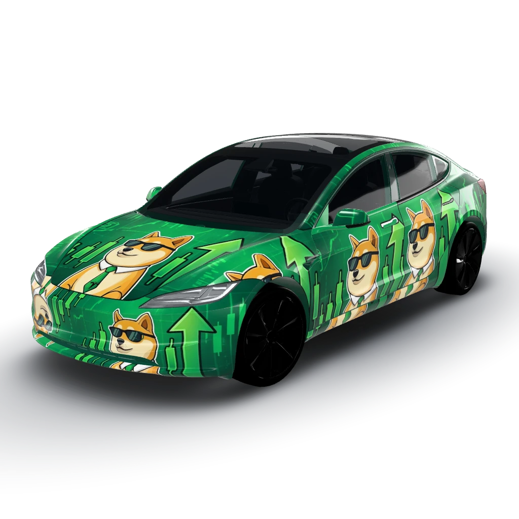Green candles and up arrows with a doge — a Model 3 (2024+) Standard & Premium wearing this AI wrap design