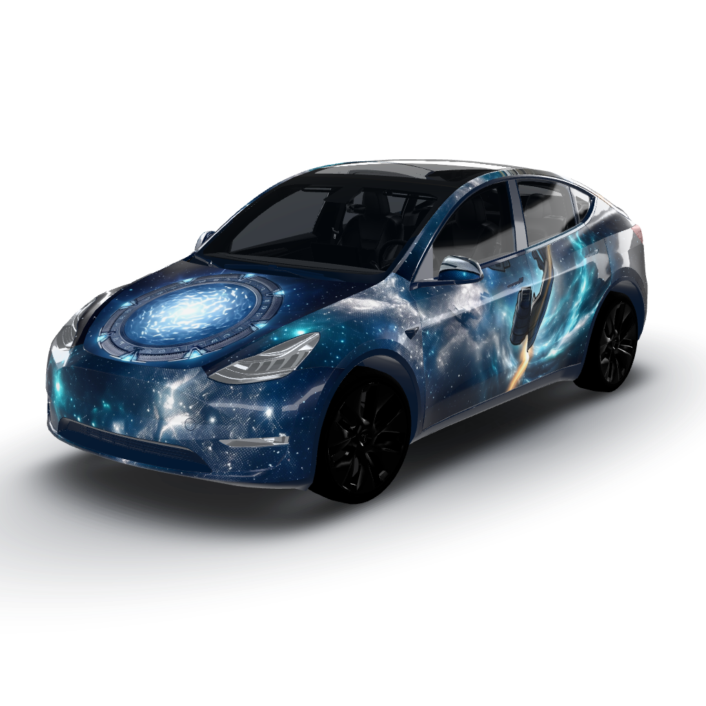 Artwork features a cosmic theme with a deep — a Model Y wearing this AI wrap design