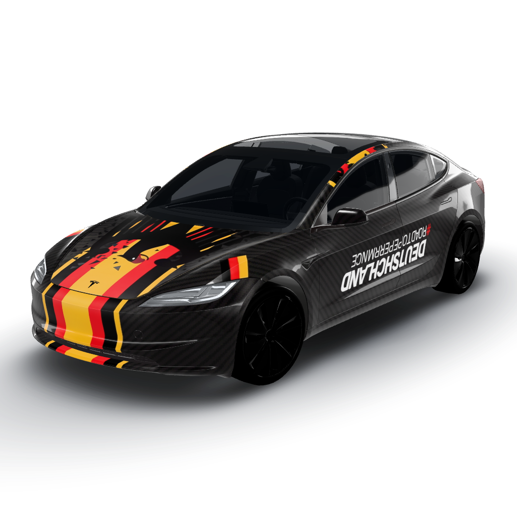 Premium deutscher Motorsport-Vinyl-Wrap für — a Model 3 (2024+) Standard & Premium wearing this AI wrap design