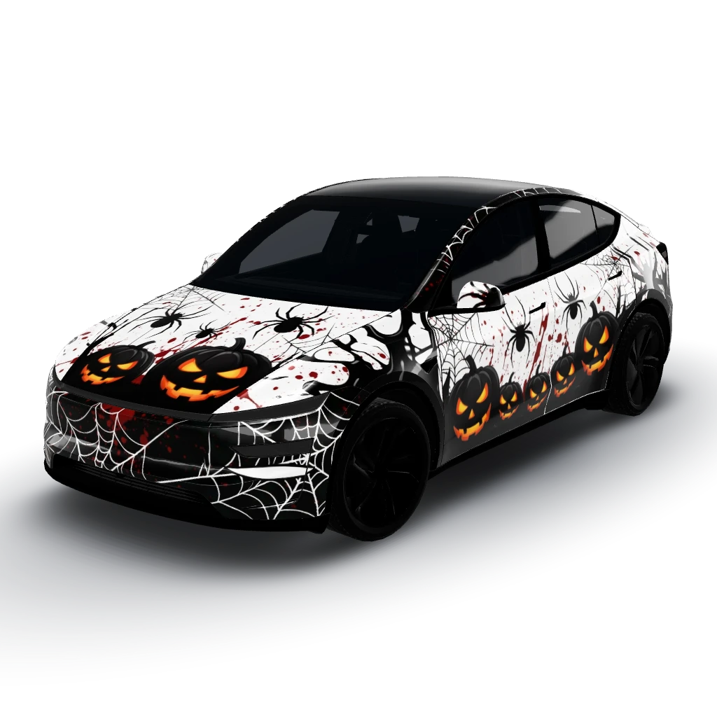 Black liquid symbiote with white webbing — a Model Y (2025+) Premium wearing this AI wrap design