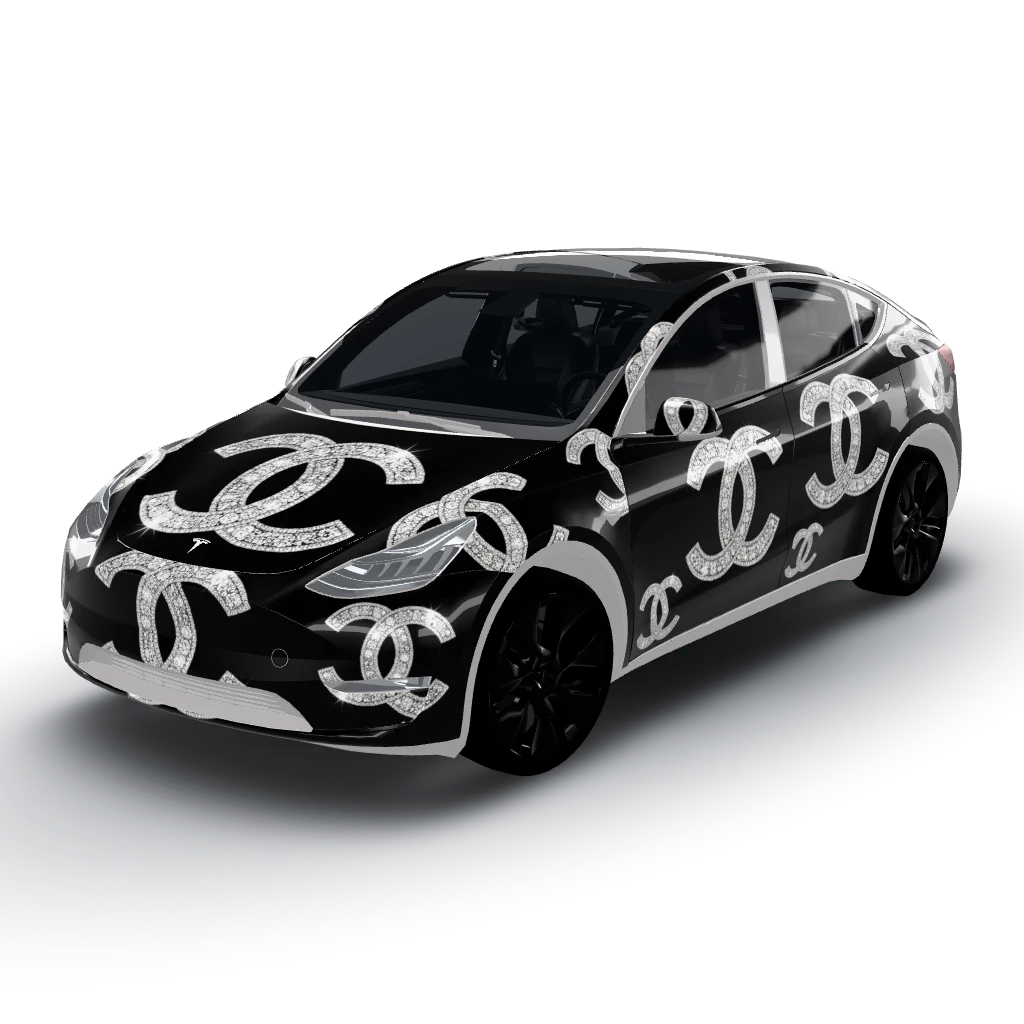 You'll have a deep glossy black background — a Model Y wearing this AI wrap design