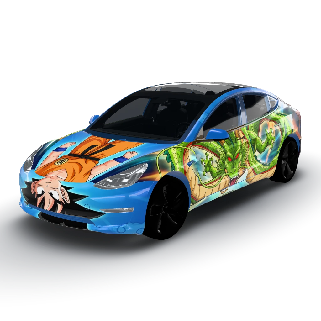 Bright and vibrant color scheme — a Model 3 wearing this AI wrap design
