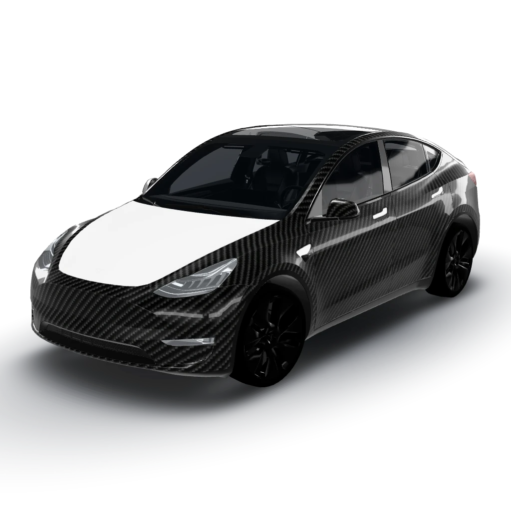 Carbon fiber weave — a Model Y wearing this AI wrap design