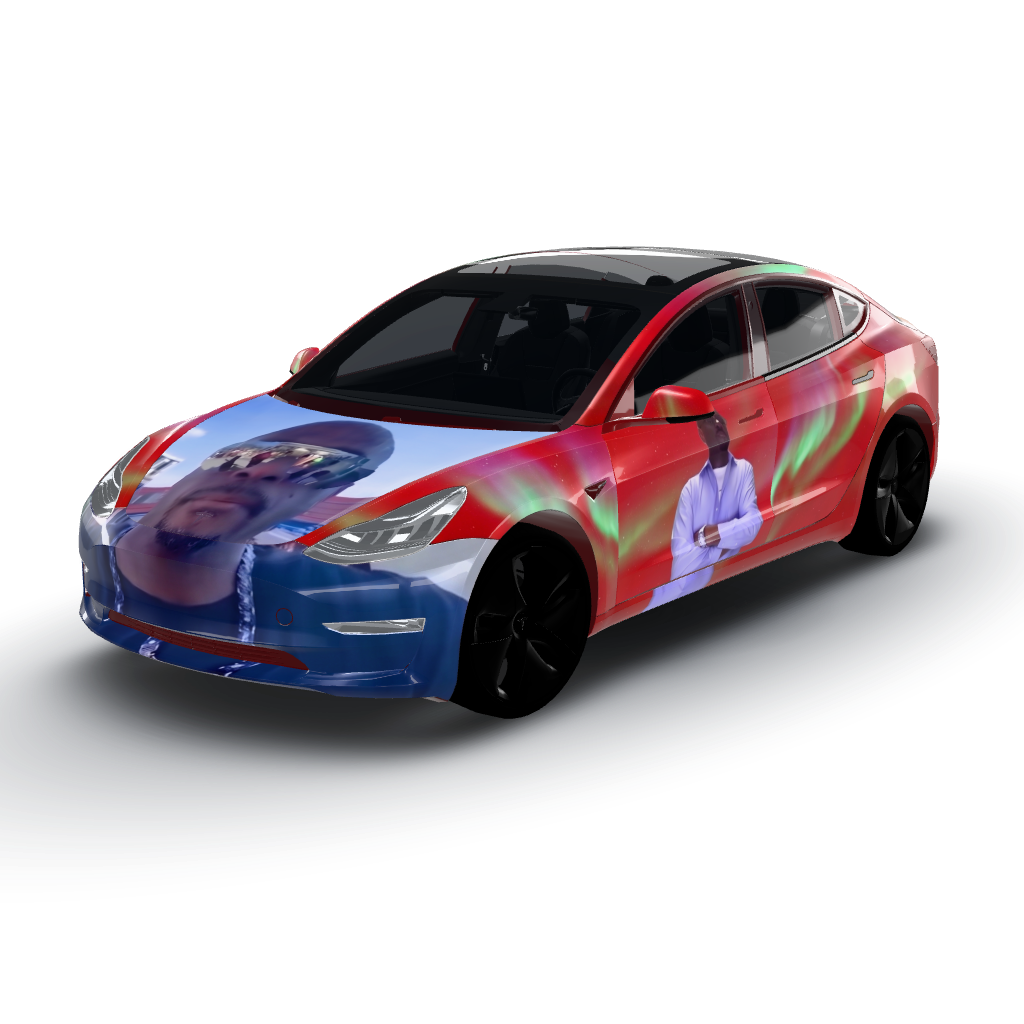 Artwork features a mesmerizing blend — a Model 3 wearing this AI wrap design