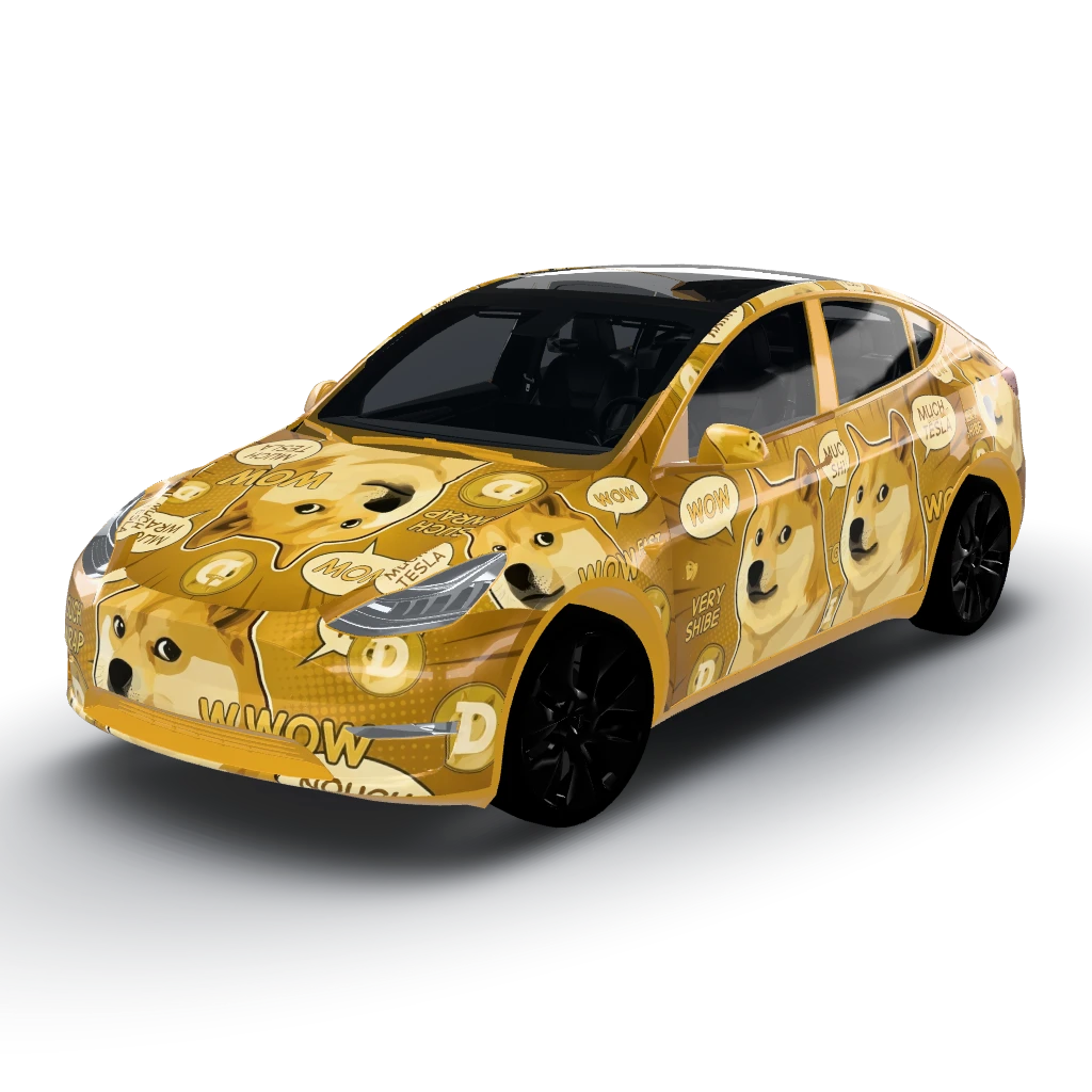 Doge shibe wow style — a Model Y wearing this AI wrap design