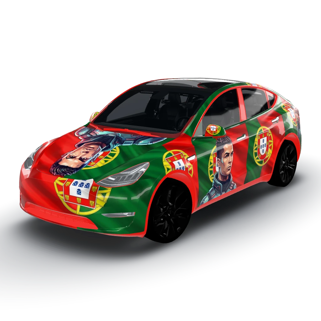 Futuristic Ronaldo and Portugal — a Model Y wearing this AI wrap design
