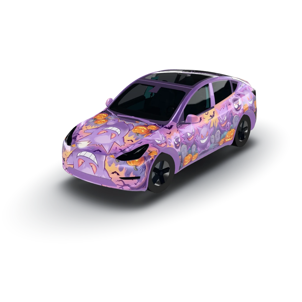 Halloween theme with the pokemon gengar — a Model Y wearing this AI wrap design