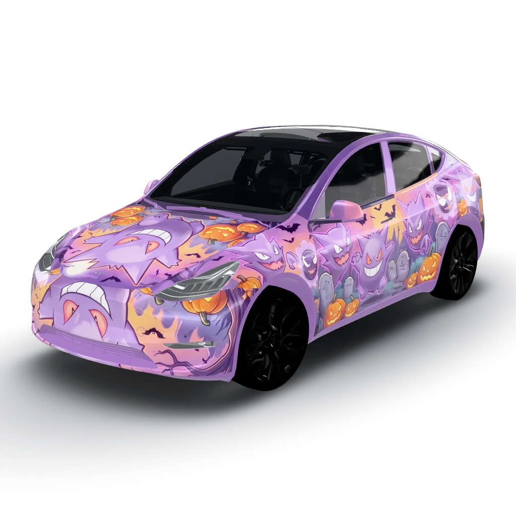Halloween theme with the pokemon gengar — a Model Y wearing this AI wrap design