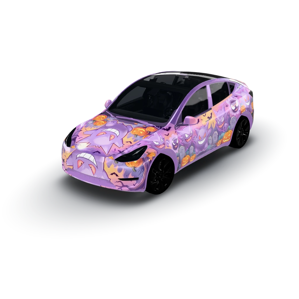 Halloween theme with the pokemon gengar — a Model Y wearing this AI wrap design
