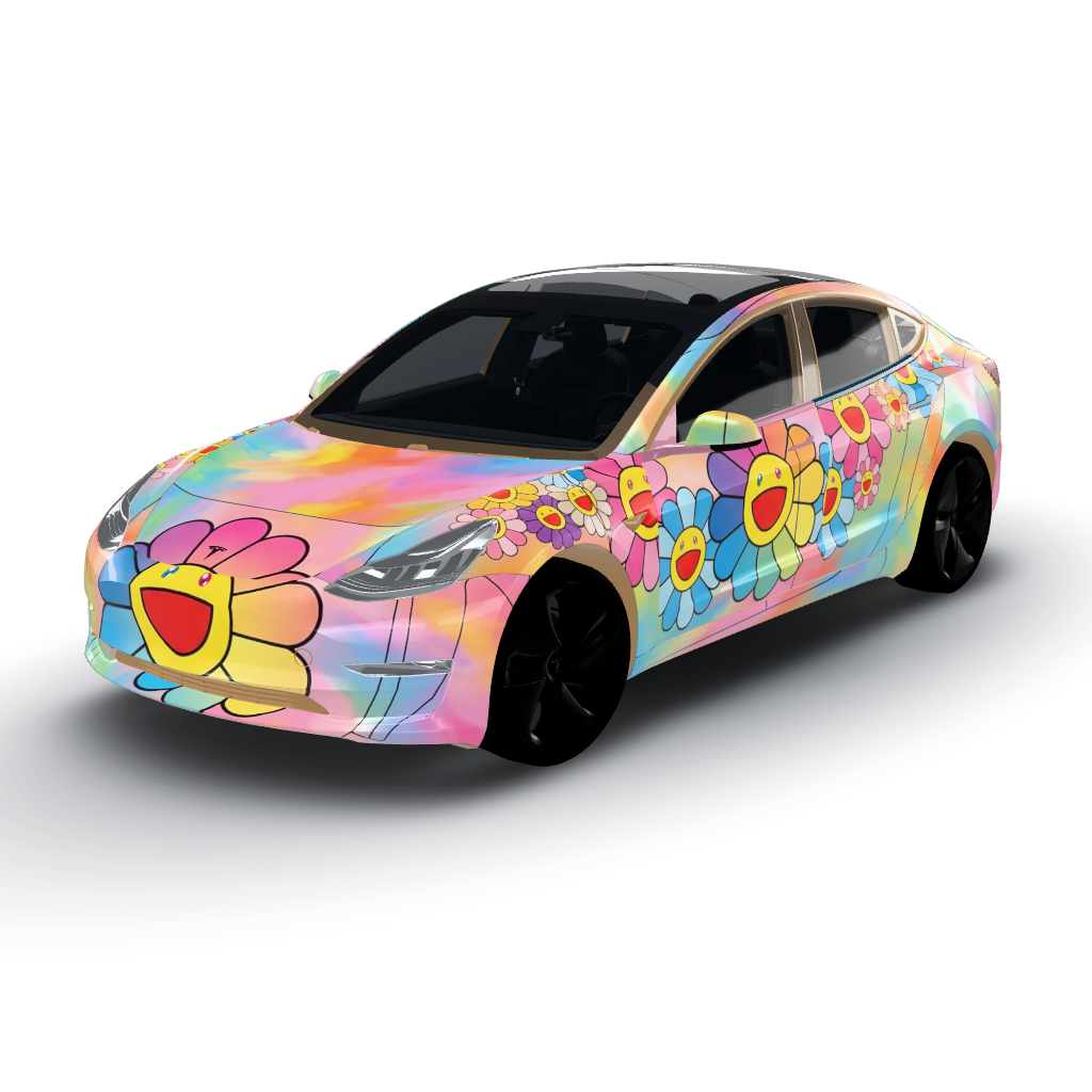 Vibrant artwork features a kaleidoscope — a Model 3 wearing this AI wrap design