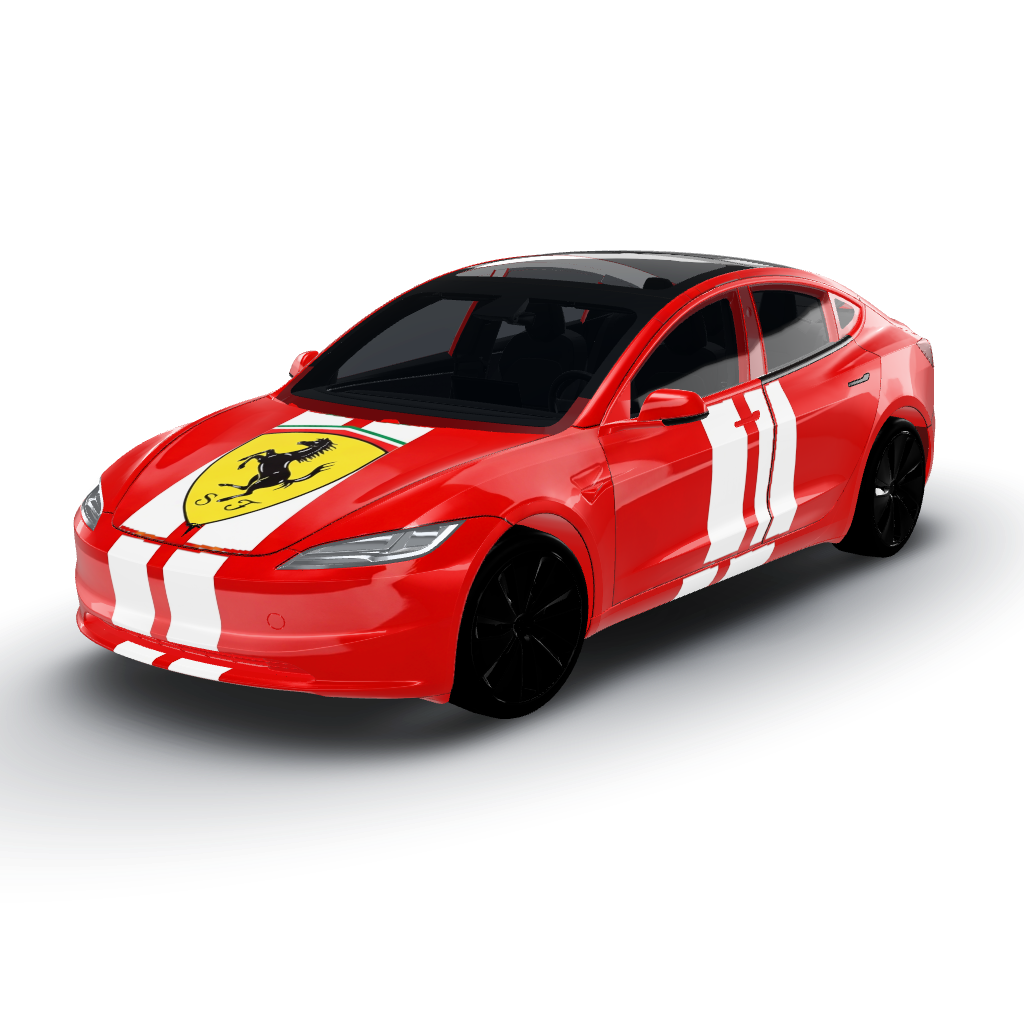 Hood: large centered Ferrari emblem; bright — a Model 3 (2024+) Standard & Premium wearing this AI wrap design