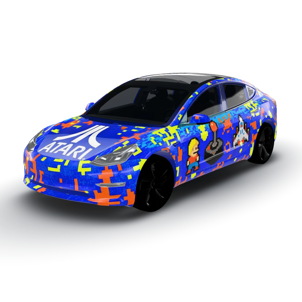 Vibrant retro-inspired color palette — a Model 3 wearing this AI wrap design