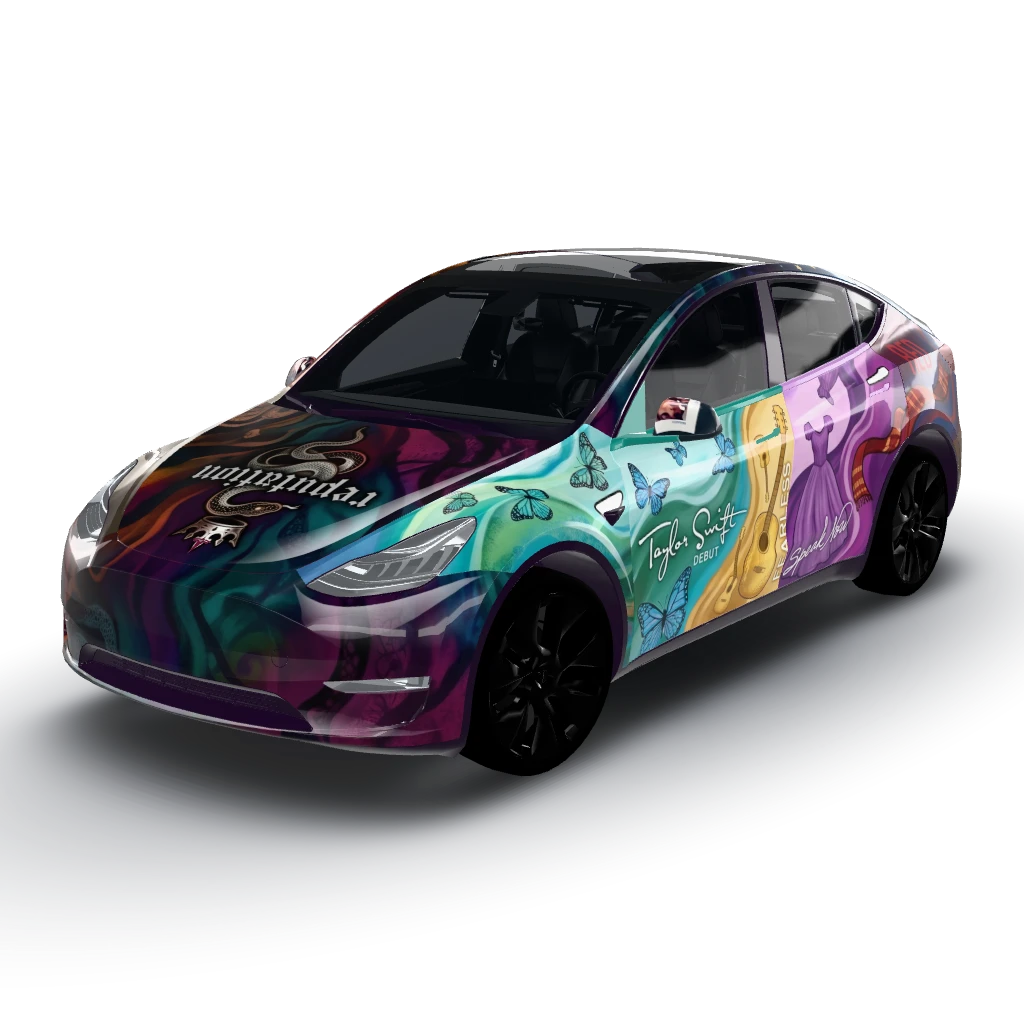 Here's the summary of your custom — a Model Y wearing this AI wrap design