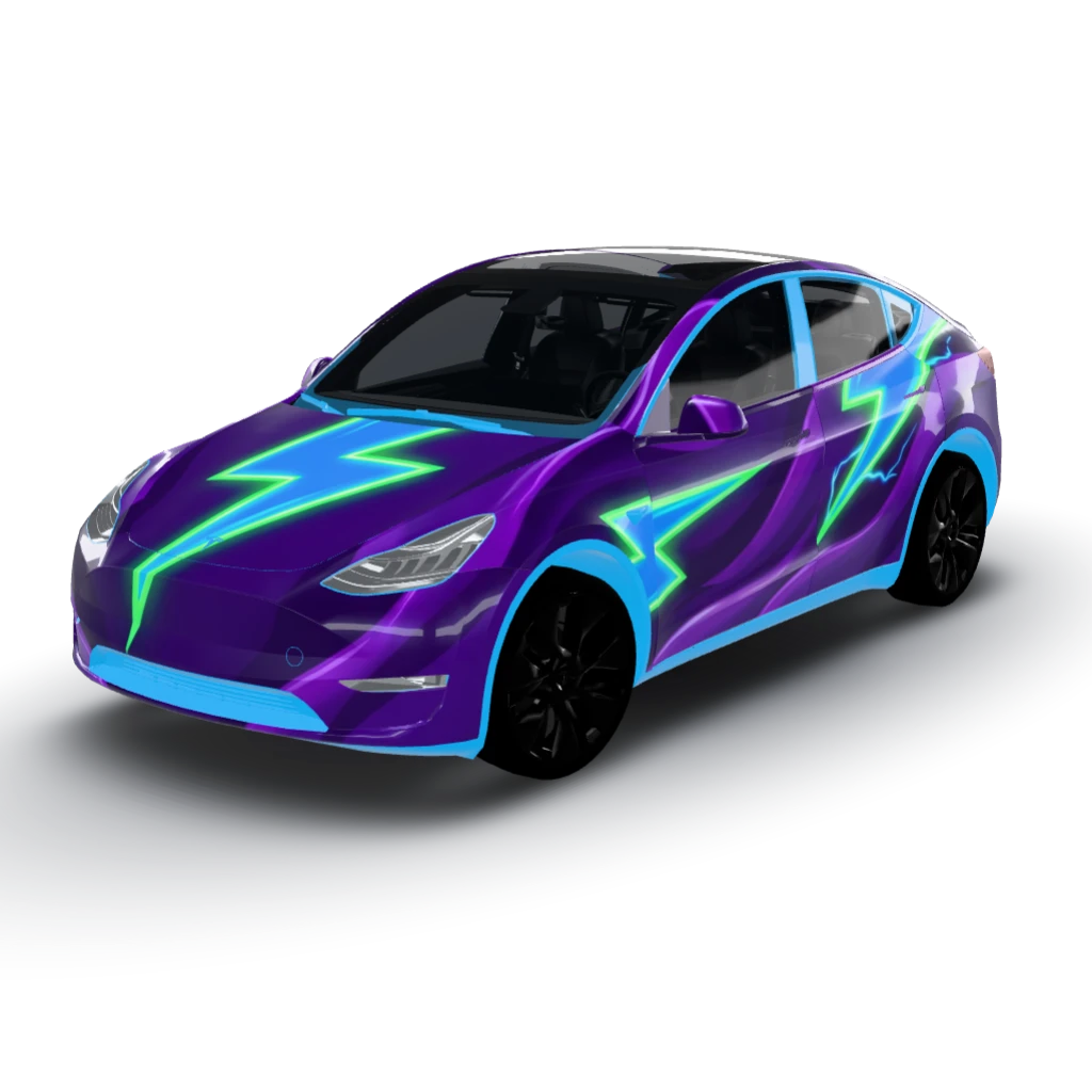 Vibrant color palette of electric blue — a Model Y wearing this AI wrap design