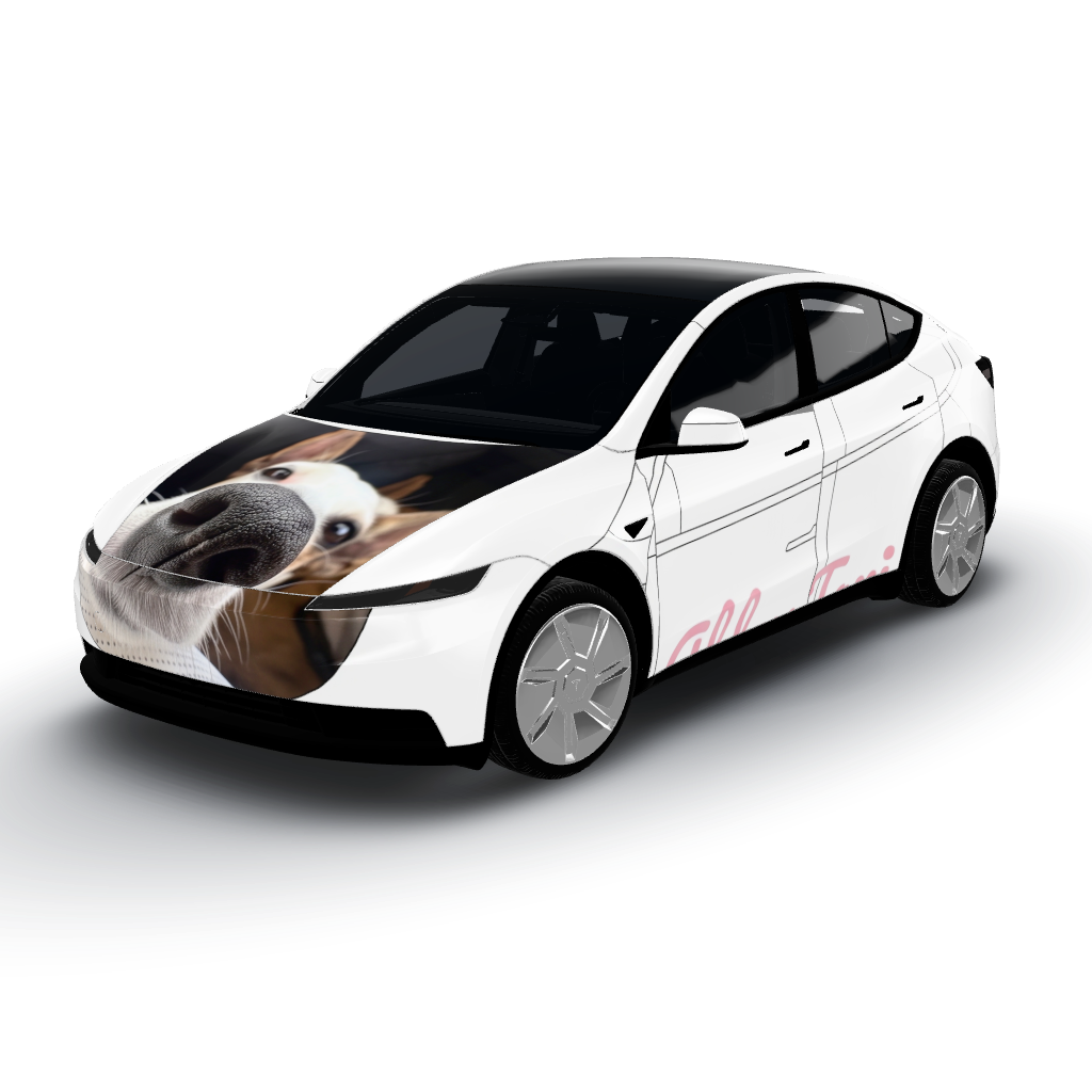 Die Basis ist in einem strahlenden Weiß — a Model Y (2025+) Standard wearing this AI wrap design