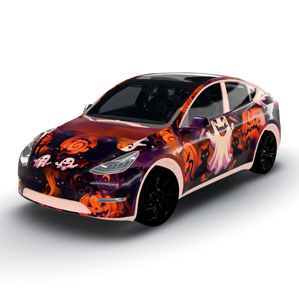 Wrap features a rich color palette of deep — a Model Y wearing this AI wrap design