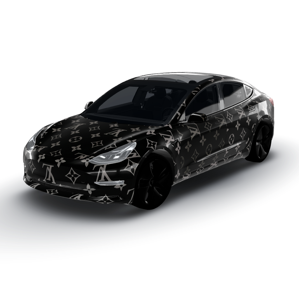 Features a luxurious all-over pattern — a Model 3 wearing this AI wrap design