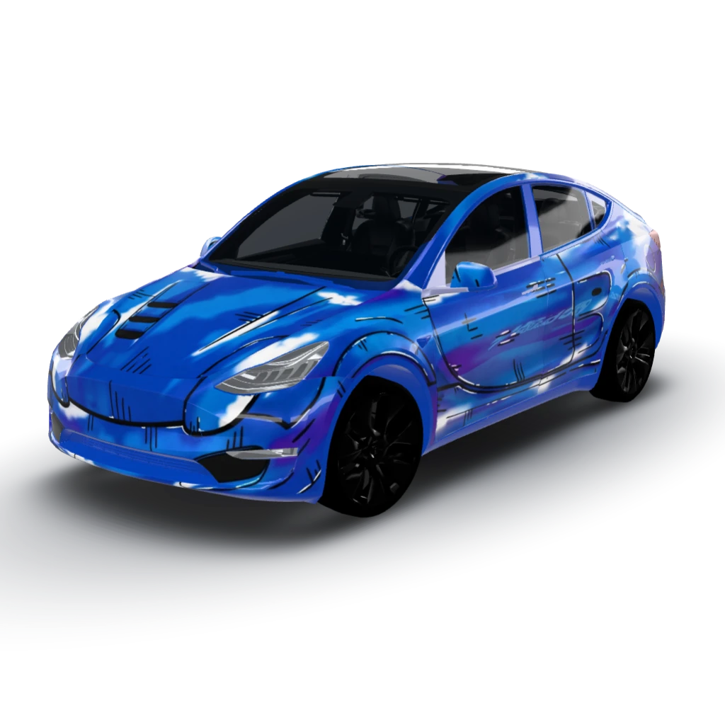 Vibrant color palette features dynamic — a Model Y wearing this AI wrap design