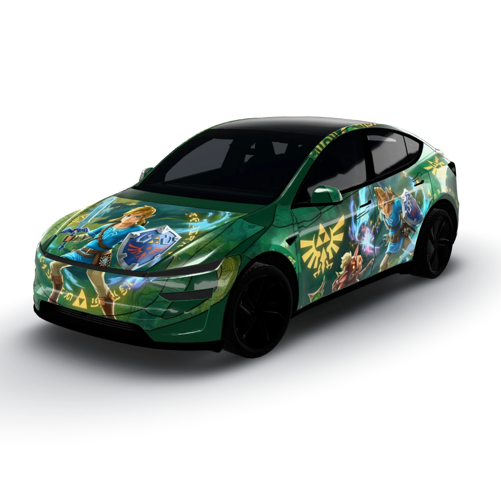 Zelda theme features a vibrant color — a Model Y (2025+) Premium wearing this AI wrap design