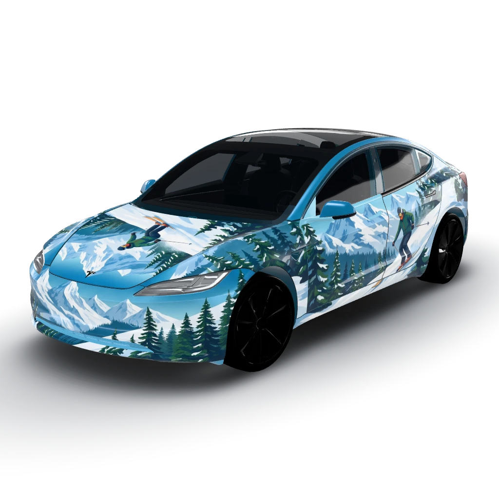 Snowy mountain backdrop with a skier skiing — a Model 3 (2024+) Standard & Premium wearing this AI wrap design