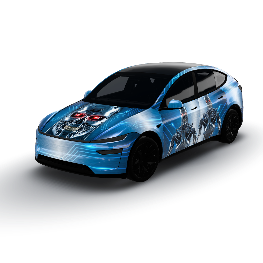 Striking blue and silver color palette — a Model Y L wearing this AI wrap design