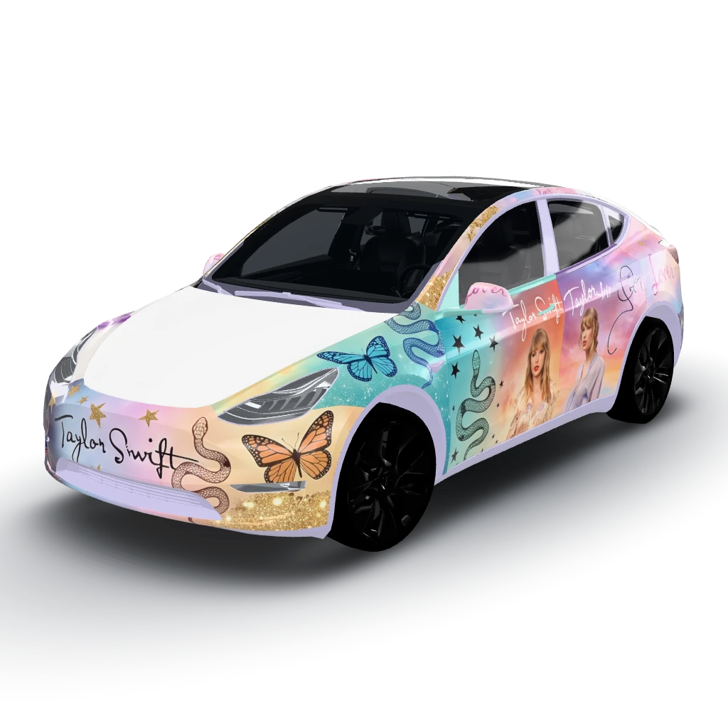 Glossy wrap with a flowing mixed color — a Model Y wearing this AI wrap design