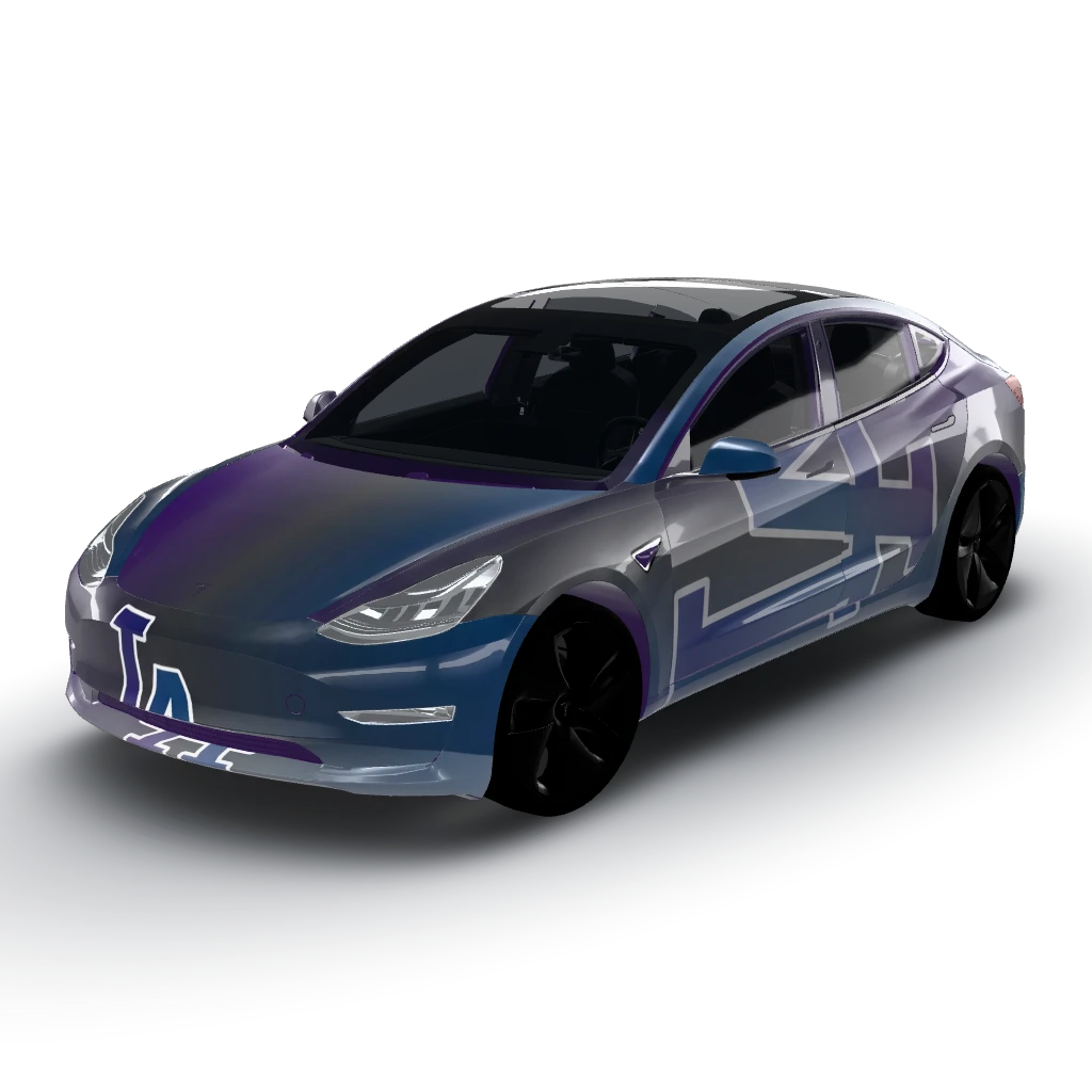 Dodgers logo and the Lakers logo blown up — a Model 3 wearing this AI wrap design