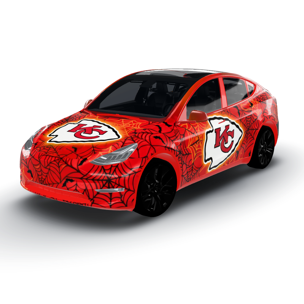 Features a vibrant color palette of red — a Model Y wearing this AI wrap design
