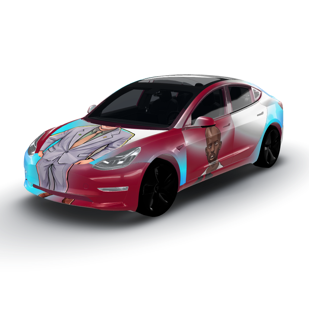 Borat's iconic look, characterized by his — a Model 3 wearing this AI wrap design