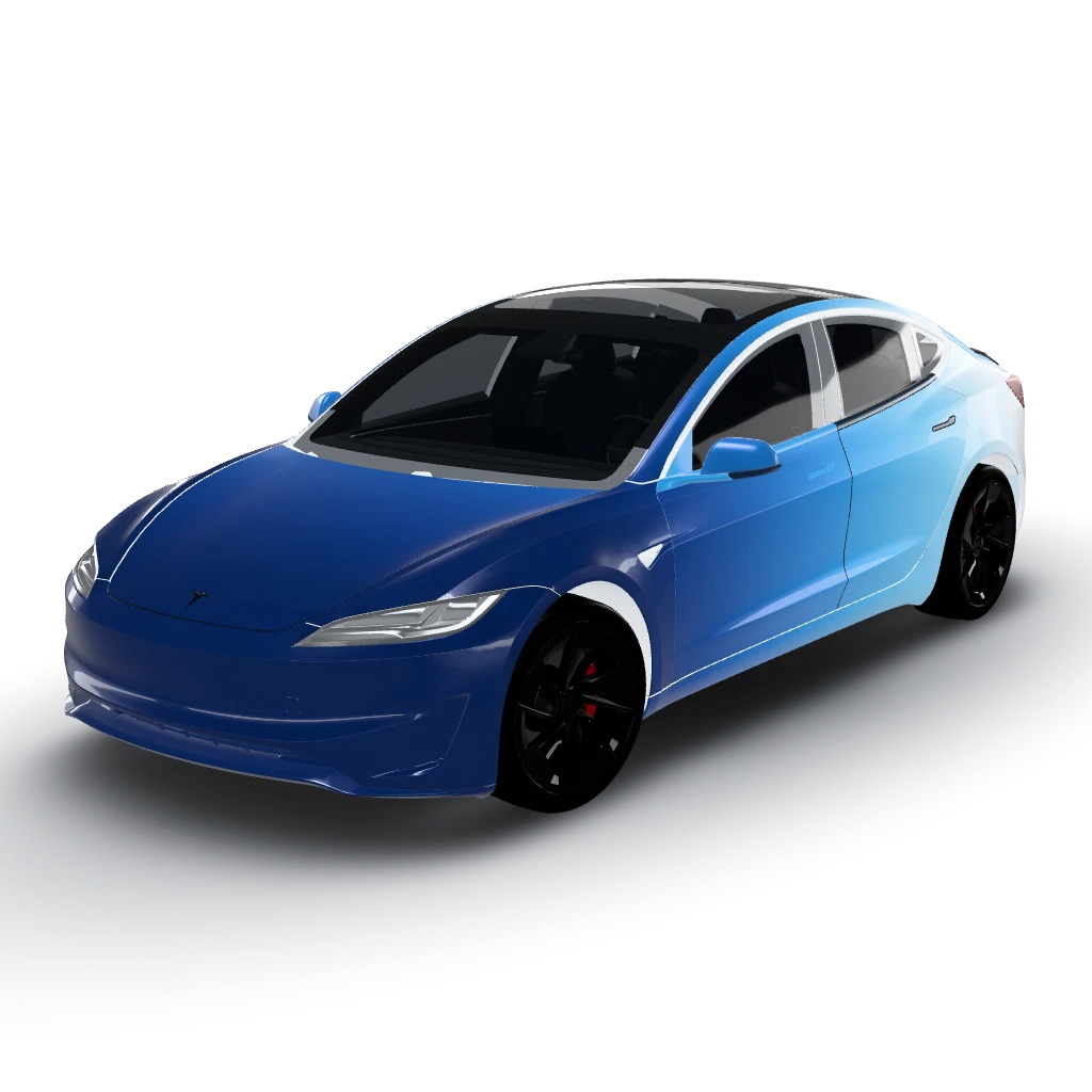 Dark blue fading jnto a light blue and then — a Model 3 (2024+) Performance wearing this AI wrap design