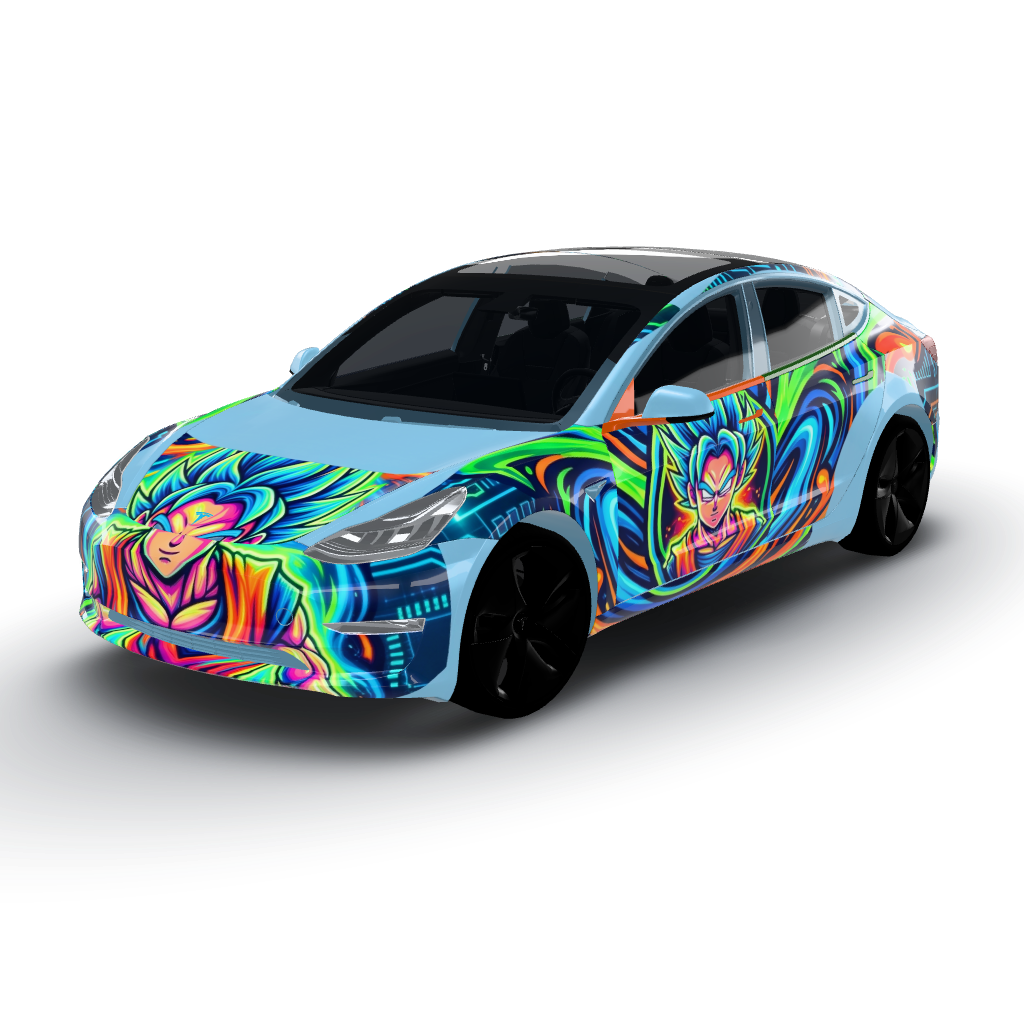 This artwork features a vibrant color — a Model 3 wearing this AI wrap design