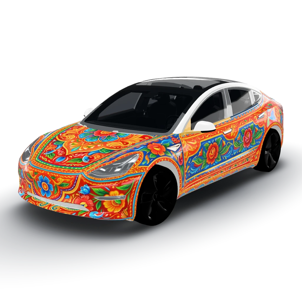 Pakistan truck art and writing — a Model 3 wearing this AI wrap design