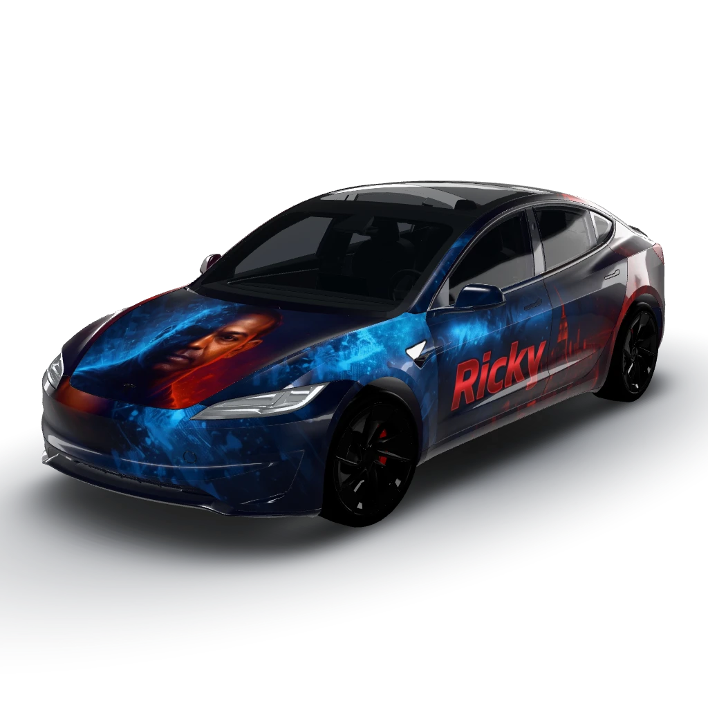 Wrap the entire car with the image across — a Model 3 (2024+) Performance wearing this AI wrap design