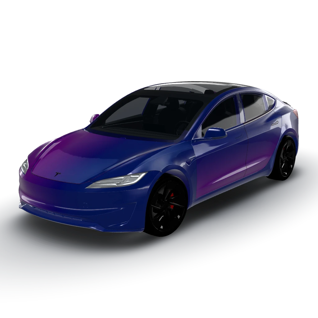 Midnight blue to purple gradient — a Model 3 (2024+) Performance wearing this AI wrap design