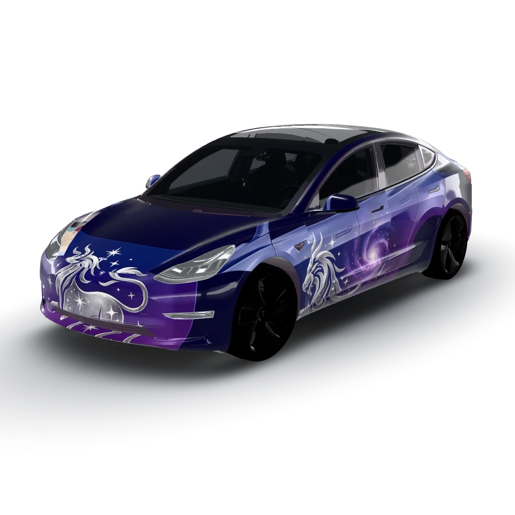 Midnight blue transitions into a rich — a Model 3 wearing this AI wrap design