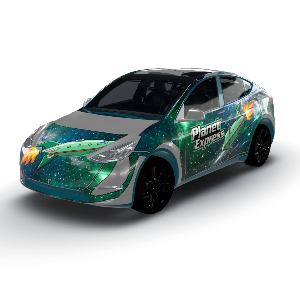 Artwork features a vibrant color palette — a Model Y wearing this AI wrap design