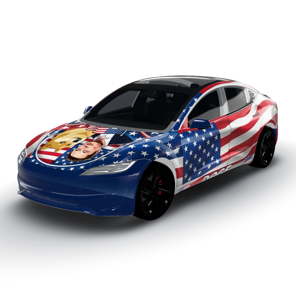 Tesla and doge inspired wrap — a Model 3 (2024+) Performance wearing this AI wrap design